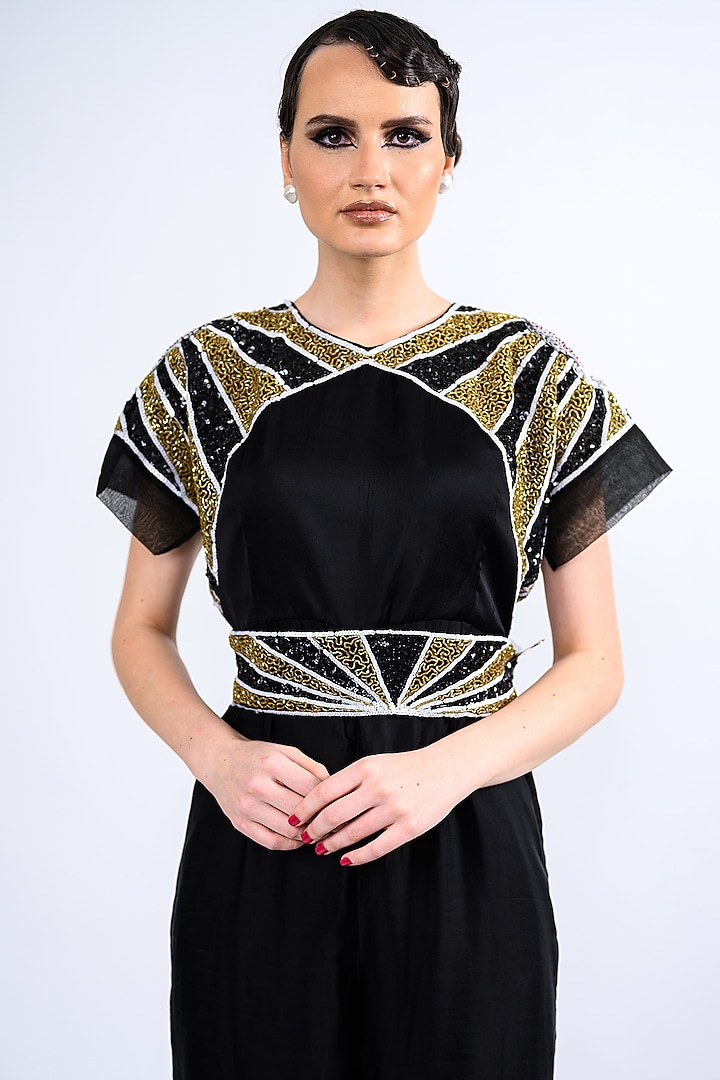 Black Satin Embellished Jumpsuit With Belt by Label Deepshika Agarwal at Pernia's Pop Up Shop
