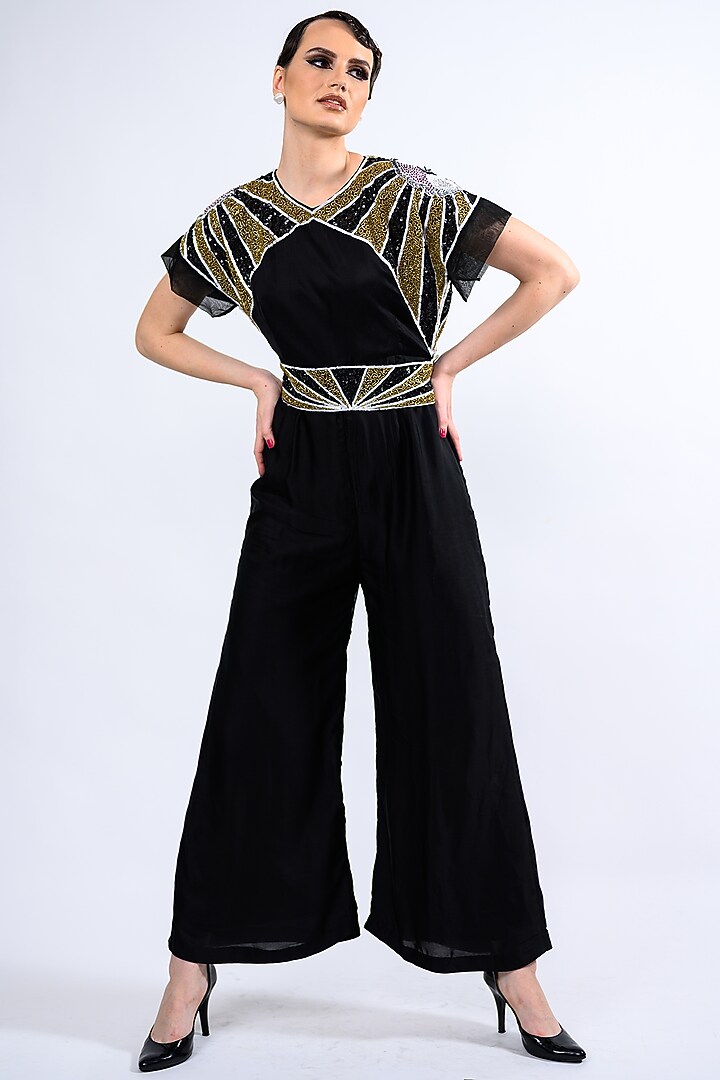 Black Satin Embellished Jumpsuit With Belt by Label Deepshika Agarwal at Pernia's Pop Up Shop