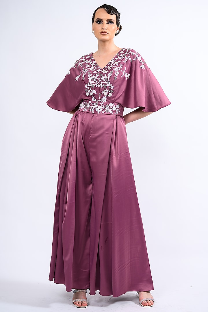 Mauve Satin Embellished Jumpsuit With Belt by Label Deepshika Agarwal