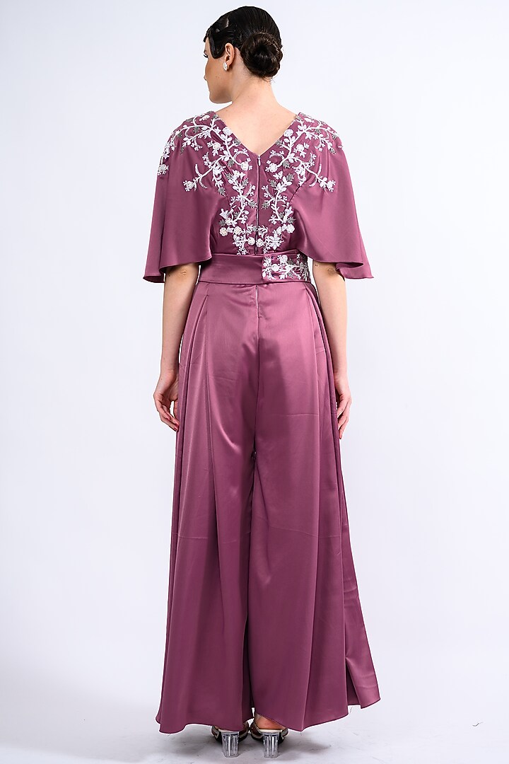 Mauve Satin Embellished Jumpsuit With Belt by Label Deepshika Agarwal at Pernia's Pop Up Shop