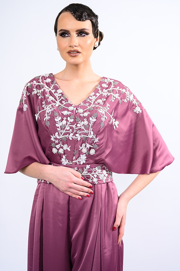 Mauve Satin Embellished Jumpsuit With Belt by Label Deepshika Agarwal at Pernia's Pop Up Shop