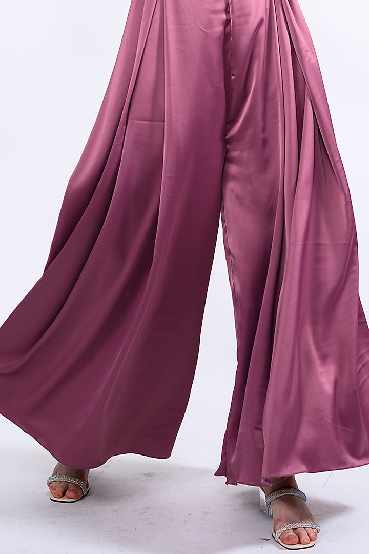 Mauve Satin Embellished Jumpsuit With Belt by Label Deepshika Agarwal at Pernia's Pop Up Shop