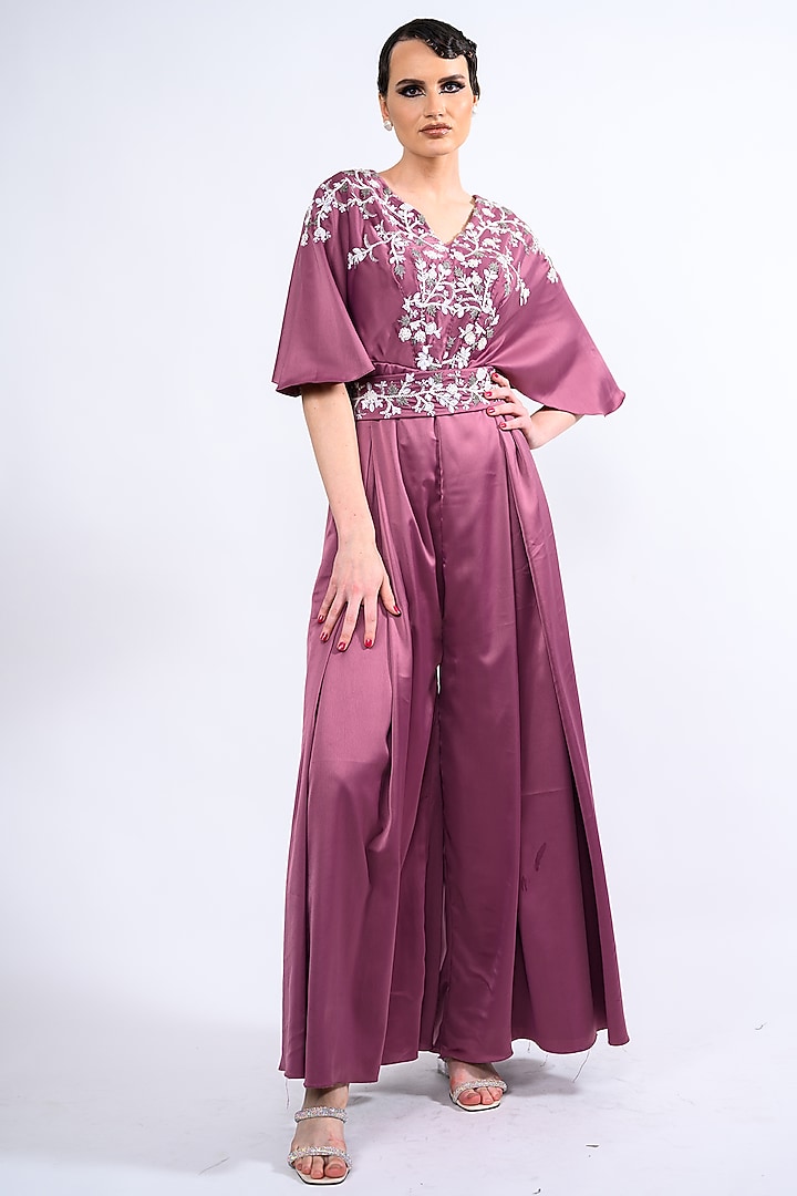 Mauve Satin Embellished Jumpsuit With Belt by Label Deepshika Agarwal at Pernia's Pop Up Shop