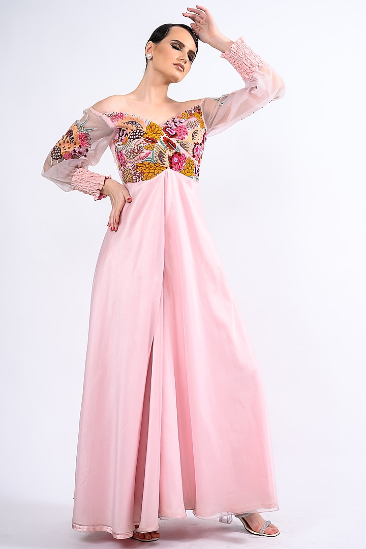Powder Pink Organza Embroidered Jumpsuit by Label Deepshika Agarwal