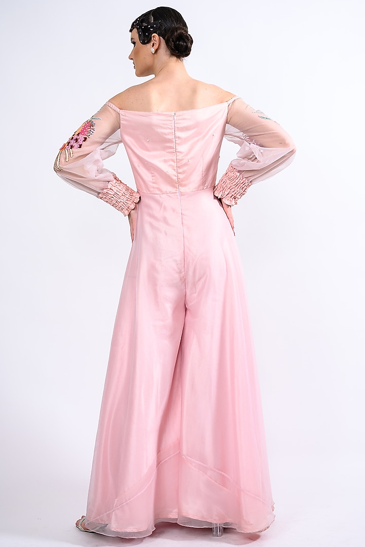 Powder Pink Organza Embroidered Jumpsuit by Label Deepshika Agarwal at Pernia's Pop Up Shop