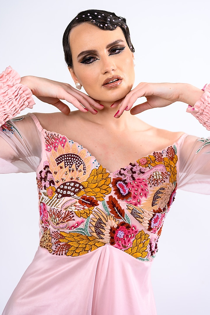 Powder Pink Organza Embroidered Jumpsuit by Label Deepshika Agarwal at Pernia's Pop Up Shop