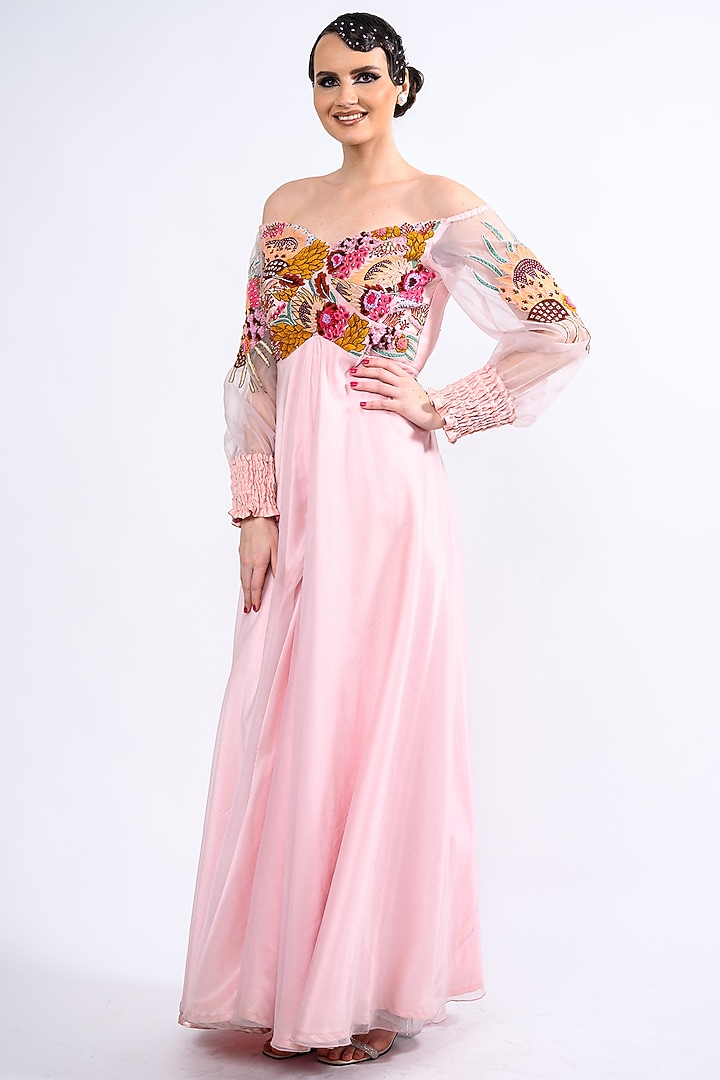 Powder Pink Organza Embroidered Jumpsuit by Label Deepshika Agarwal at Pernia's Pop Up Shop