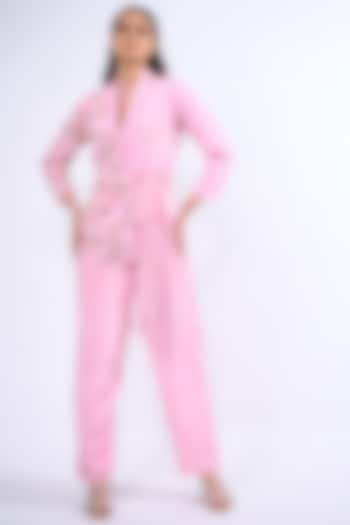 Pastel Pink Silk & Organza Embellished Jumpsuit by Label Deepshika Agarwal