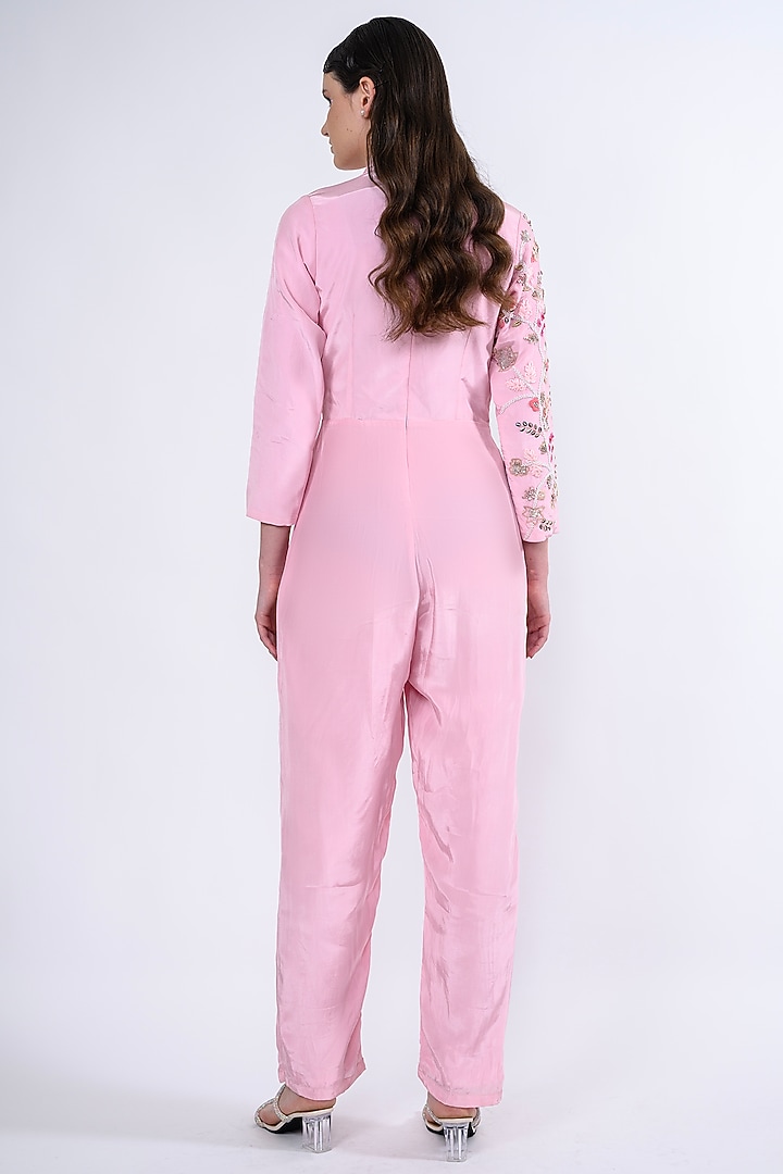 Pastel Pink Silk Organza Embellished Jumpsuit by Label Deepshika