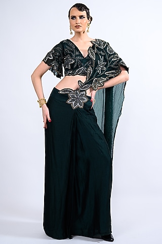 Bottle Green Satin & Silk Embroidered Skirt Set by Label Deepshika Agarwal