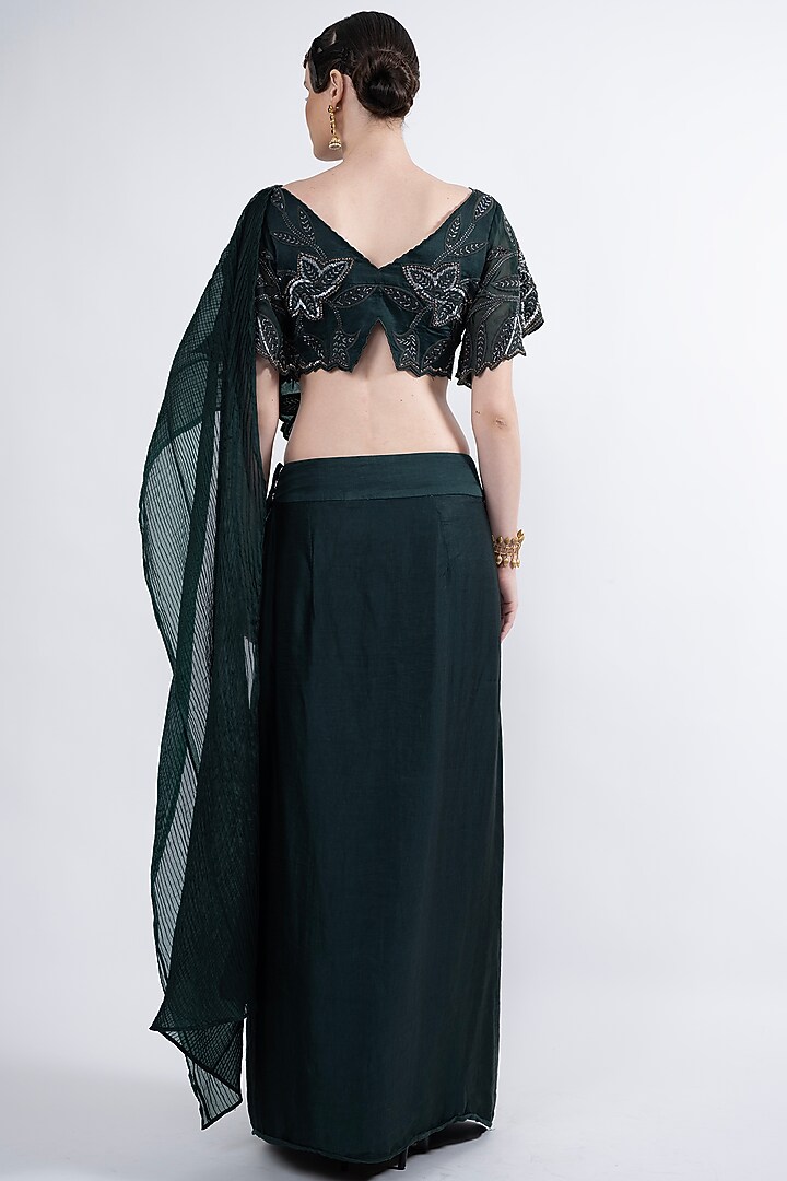 Bottle Green Satin & Silk Embroidered Skirt Set by Label Deepshika Agarwal at Pernia's Pop Up Shop
