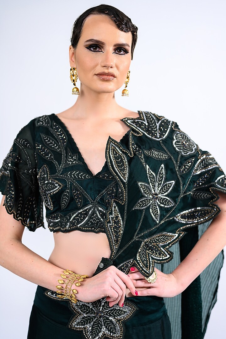 Bottle Green Satin & Silk Embroidered Skirt Set by Label Deepshika Agarwal at Pernia's Pop Up Shop