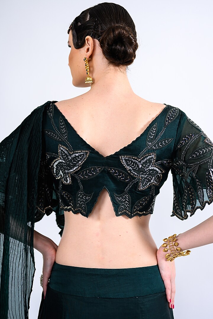 Bottle Green Satin & Silk Embroidered Skirt Set by Label Deepshika Agarwal at Pernia's Pop Up Shop