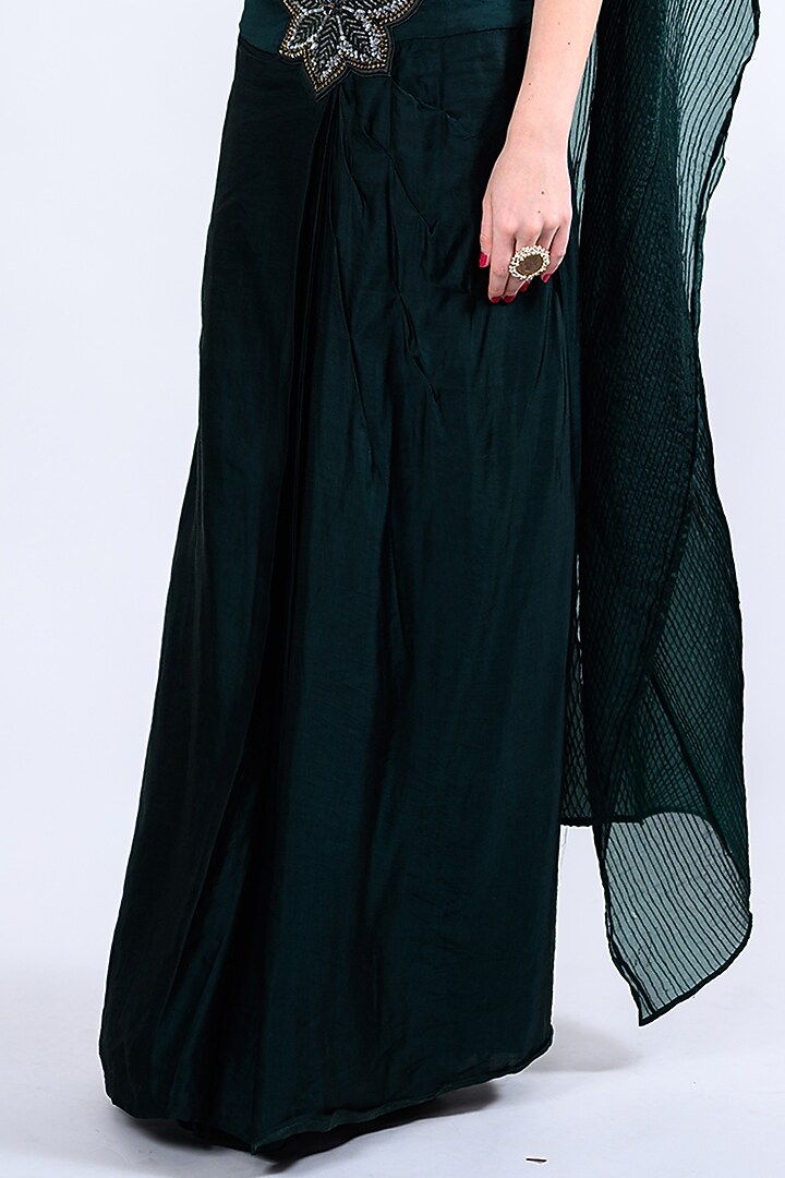 Bottle Green Satin & Silk Embroidered Skirt Set by Label Deepshika Agarwal at Pernia's Pop Up Shop