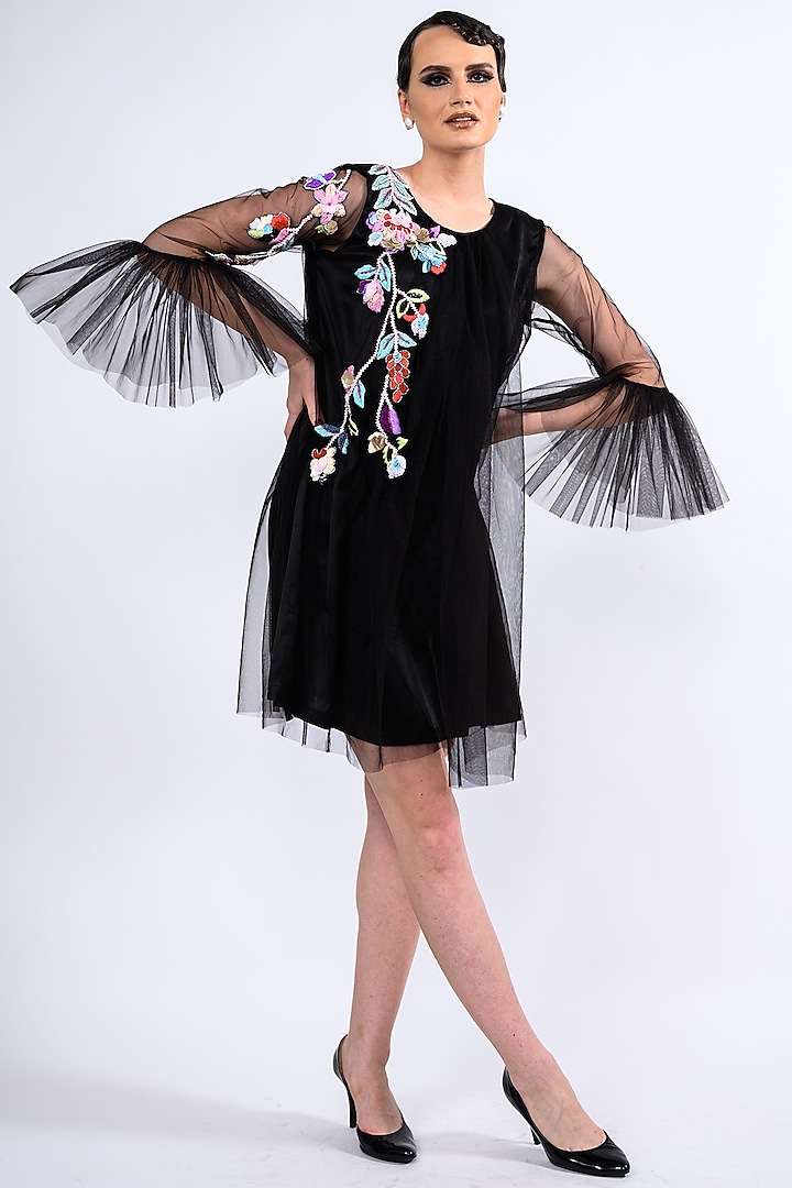 Black Net Embellished Dress by Label Deepshika Agarwal
