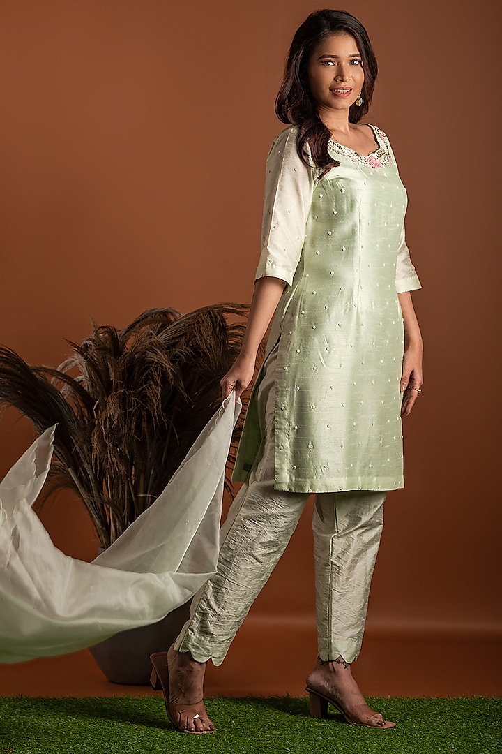 Mint Green Chanderi Kurta Set by Label Deepshika Agarwal