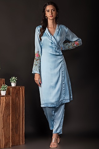 Ice Blue Modal Satin Kurta Set by Label Deepshika Agarwal