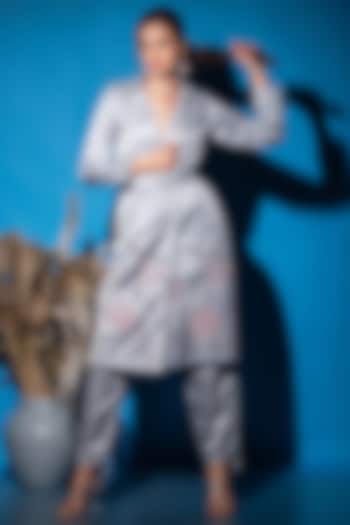 Grey Roman Silk Trench Coat With Pants by Label Deepshika Agarwal at Pernia's Pop Up Shop