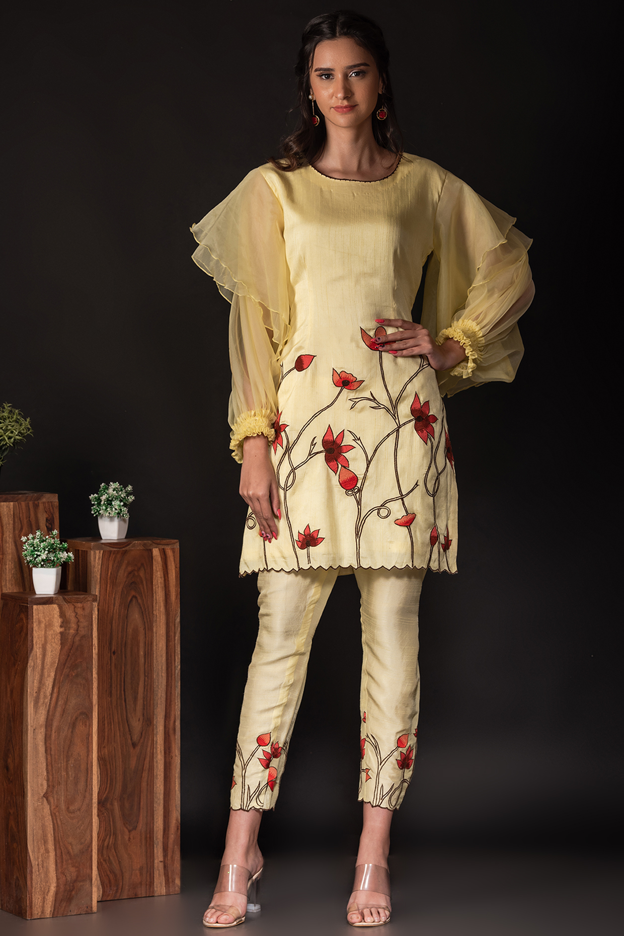 Lemon Yellow Organza Kurta Set by Label Deepshika Agarwal at Pernia's Pop Up Shop