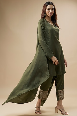 Green Couture Silk Hand Embroidered Jacket Set by Label Deepshika Agarwal