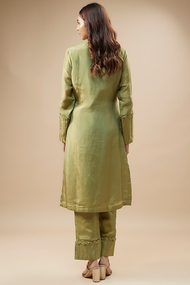 Green Tissue Silk Zari Hand Embroidered Kurta Set by Label Deepshika Agarwal at Pernia's Pop Up Shop
