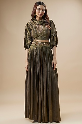 Green Tissue Silk Embroidered Pleated Pant Set by Label Deepshika Agarwal