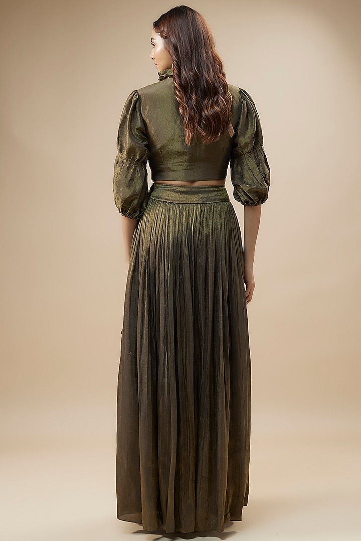 Green Tissue Silk Embroidered Pleated Pant Set by Label Deepshika Agarwal at Pernia's Pop Up Shop