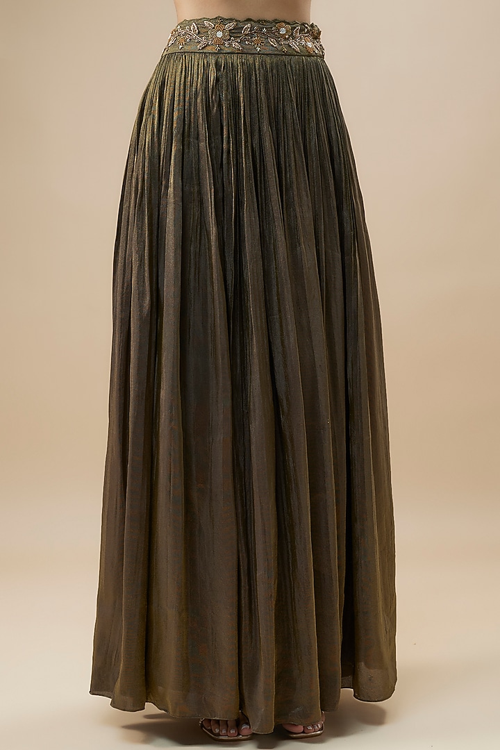 Green Tissue Silk Embroidered Pleated Pant Set by Label Deepshika Agarwal at Pernia's Pop Up Shop