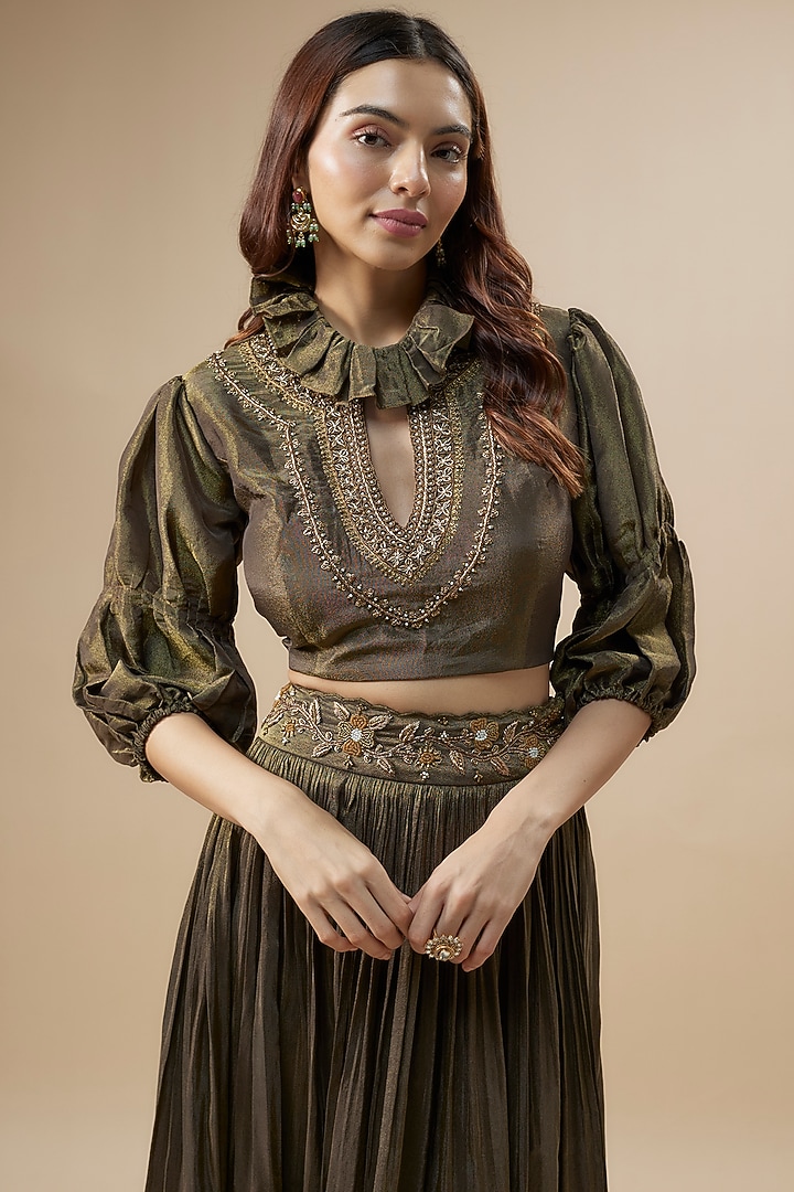 Green Tissue Silk Embroidered Pleated Pant Set by Label Deepshika Agarwal at Pernia's Pop Up Shop