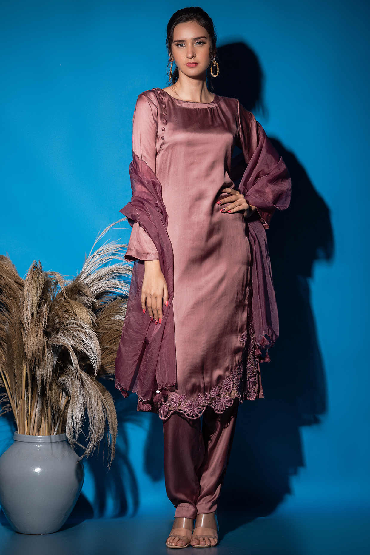 Mauvey Brown Satin Kurta Set by Label Deepshika Agarwal at Pernia's Pop Up Shop