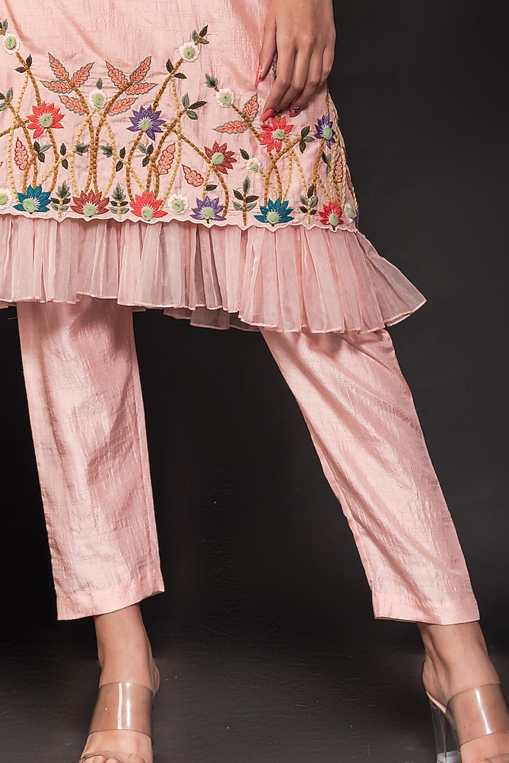 Peach Embroidered Frilled Kurta Set by Label Deepshika Agarwal at Pernia's Pop Up Shop