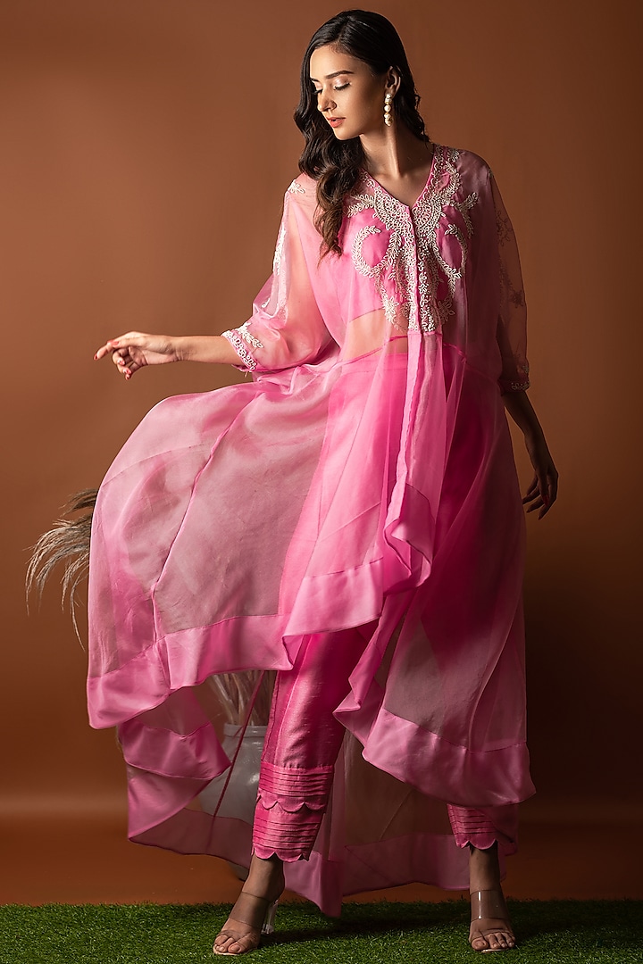 Pink Chanderi Pant Set by Label Deepshika Agarwal
