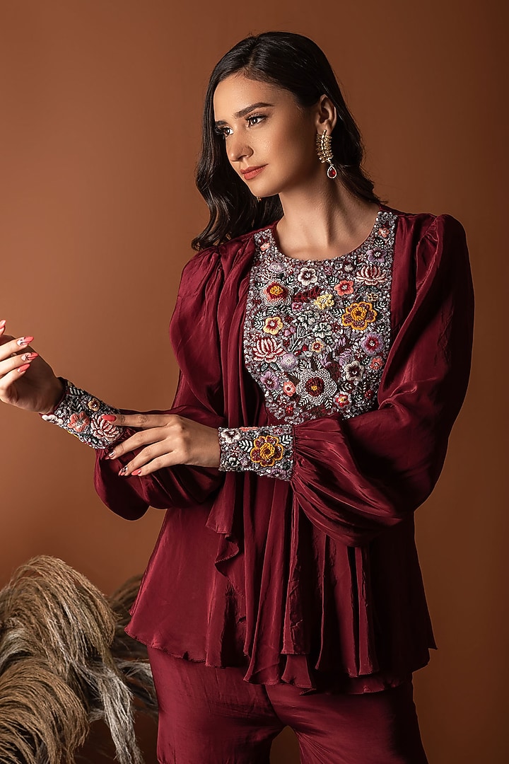 Maroon Crepe Party Wear Sharara Set by Label Deepshika Agarwal at Pernia's Pop Up Shop