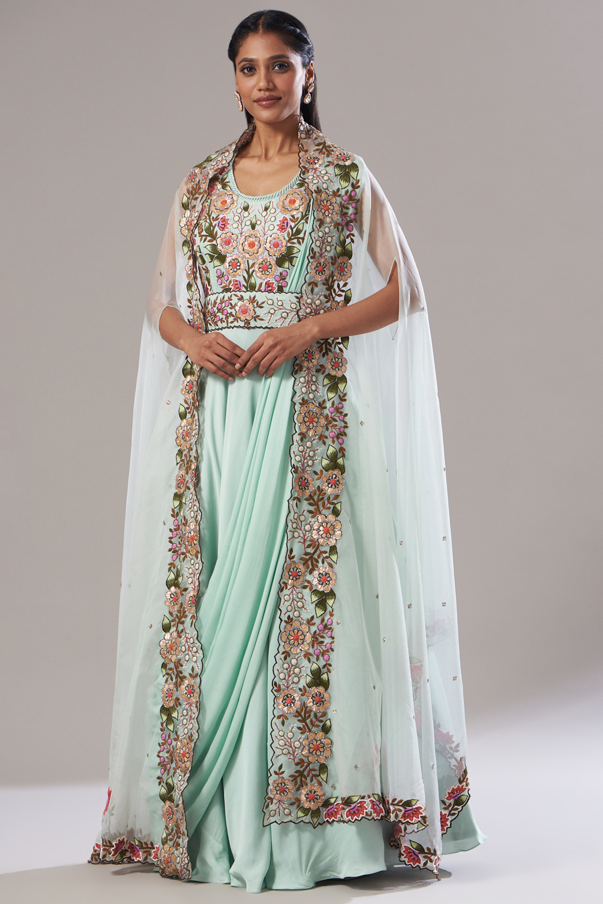 Powder Blue Satin Embroidered Engagement Gown With Cape by Label Deepshika Agarwal at Pernia's Pop Up Shop