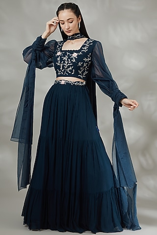 Navy Blue Georgette Lehenga Set by Label Deepshika Agarwal