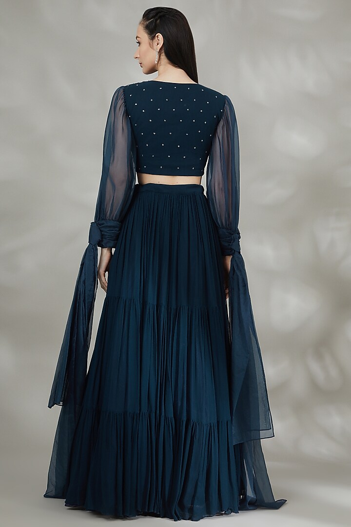 Navy Blue Georgette Lehenga Set by Label Deepshika Agarwal at Pernia's Pop Up Shop