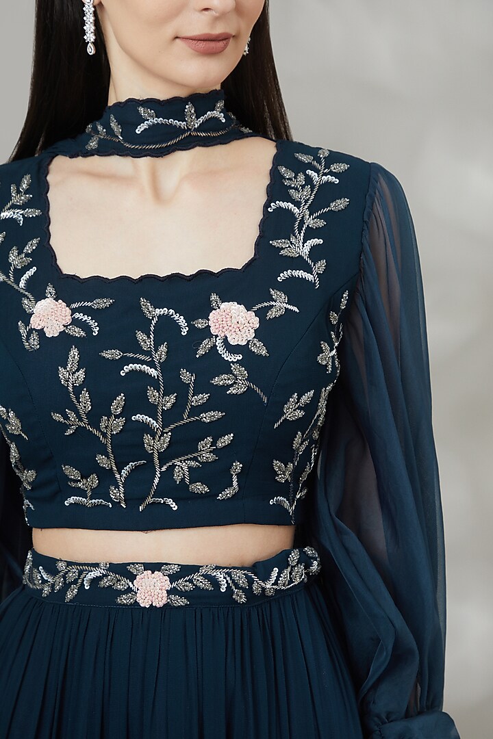Navy Blue Georgette Lehenga Set by Label Deepshika Agarwal at Pernia's Pop Up Shop