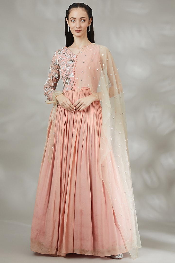 Peach Embellished Gown by Label Deepshika Agarwal