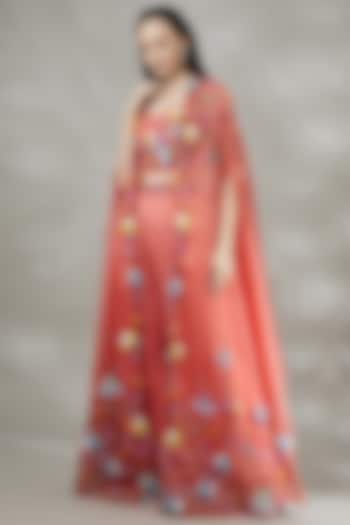 Coral Embroidered Cape Set by Label Deepshika Agarwal