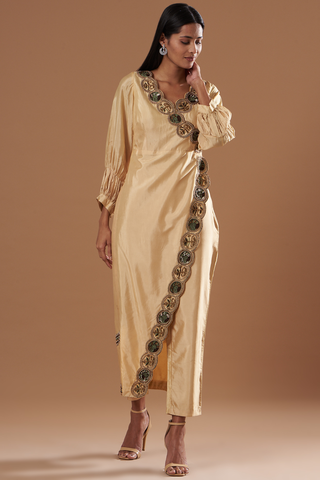 Beige Embroidered Angrakha Kurta by Label Deepshika Agarwal