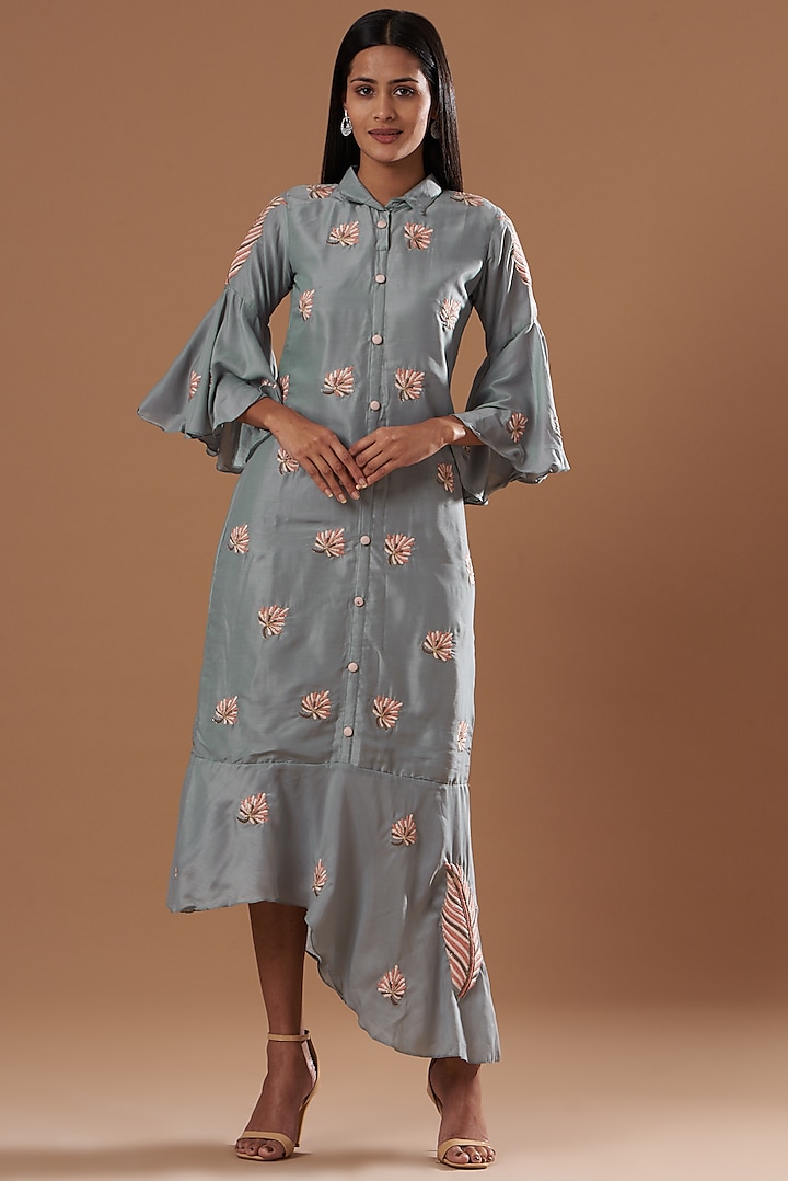 Grey Embroidered Asymmetric Dress by Label Deepshika Agarwal