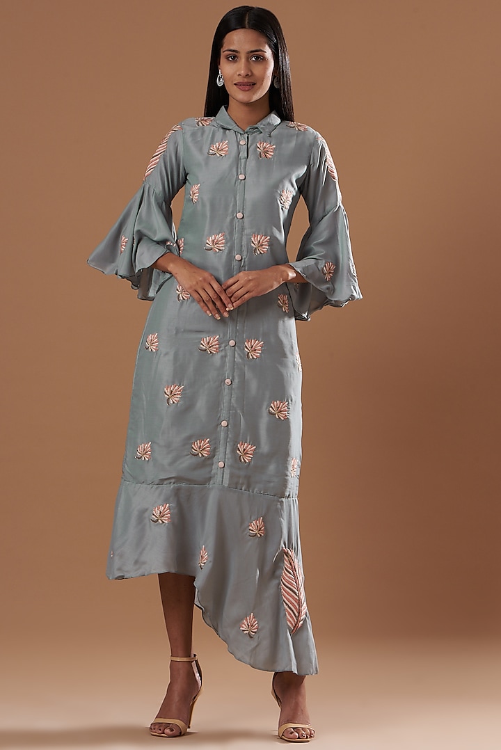 Grey Embroidered Asymmetric Dress by Label Deepshika Agarwal at Pernia's Pop Up Shop