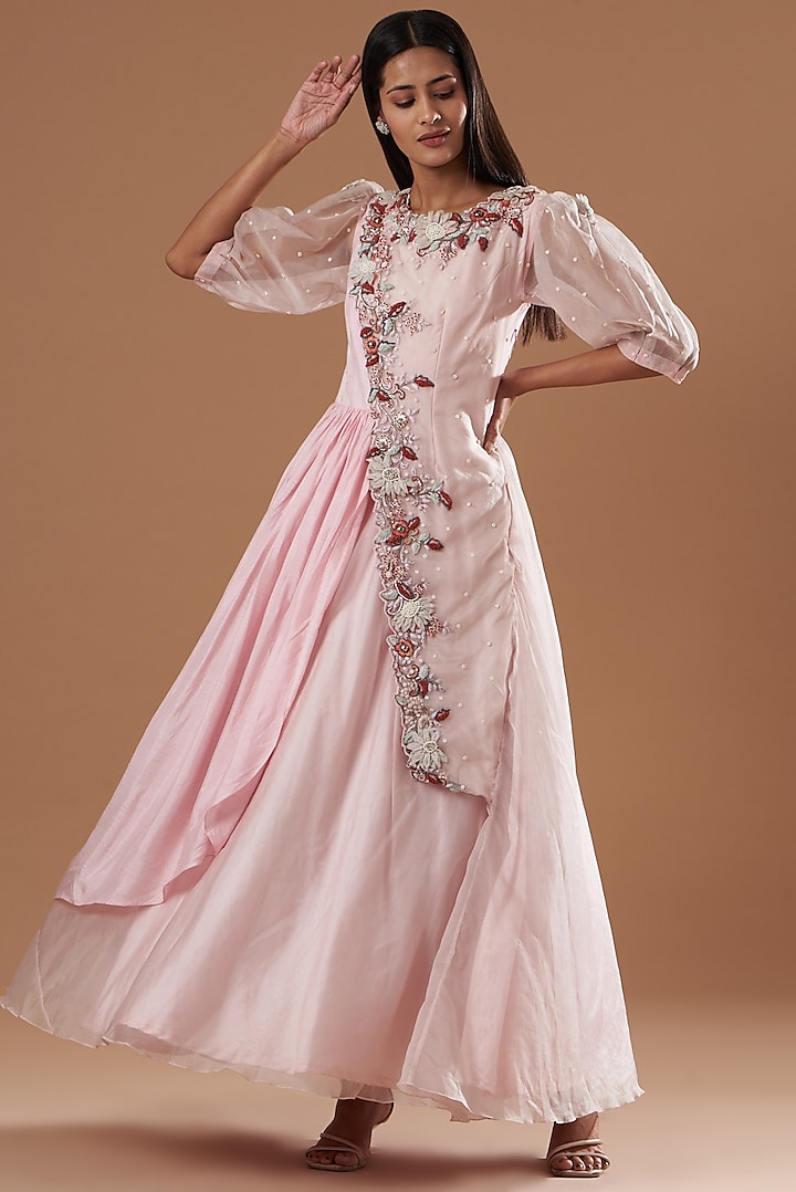 Baby Pink Embroidered Gown by Label Deepshika Agarwal