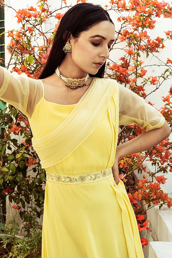 Yellow Embroidered Asymmetric Party Wear Gown by Label DIVYA JAIN at Pernia's Pop Up Shop