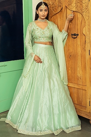 Mint Embellished Lehenga Set by Label DIVYA JAIN
