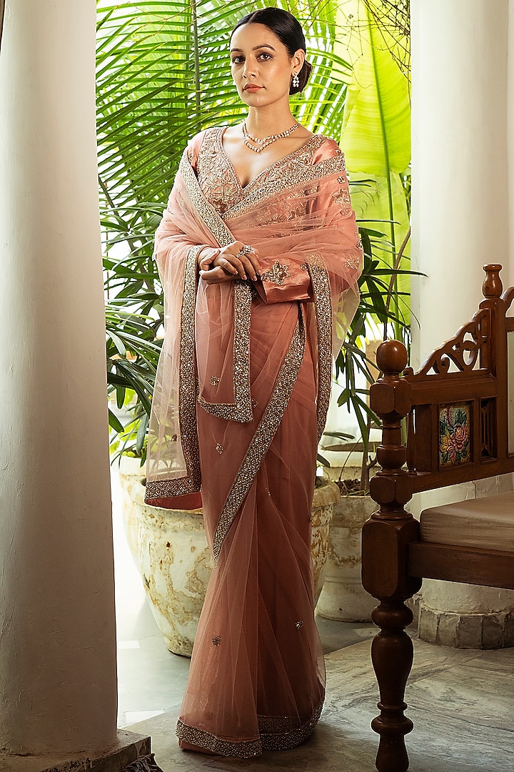 Peach Embellished Pre-Draped Saree Set by Label DIVYA JAIN
