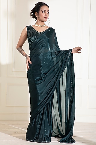 Dark Green Embroidered Saree Set by Label DIVYA JAIN