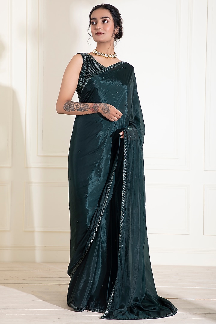 Dark Green Embroidered Wedding Saree Set by Label DIVYA JAIN at Pernia's Pop Up Shop
