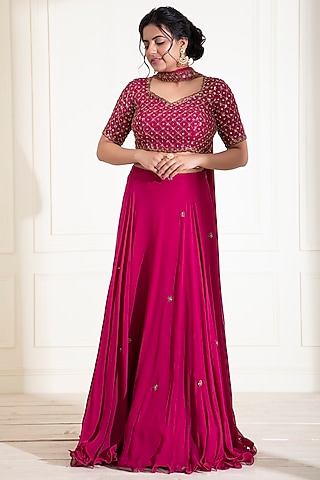 Magenta Georgette Lehenga Set by Label DIVYA JAIN