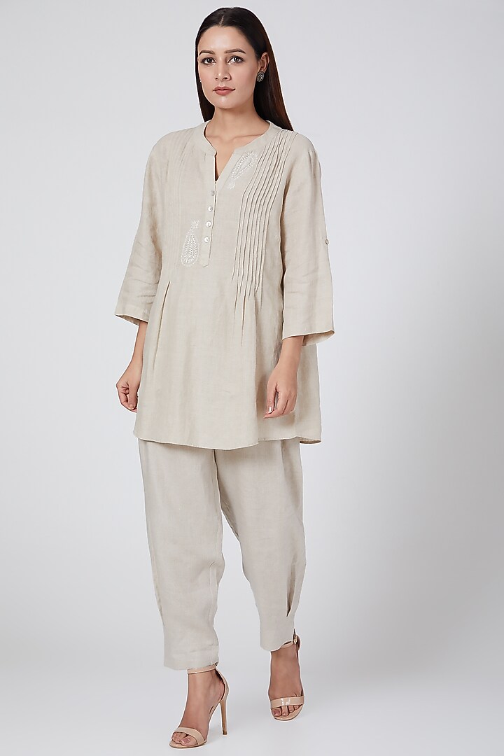Beige pleated top with hand work by Linen Bloom at Pernia's Pop Up Shop